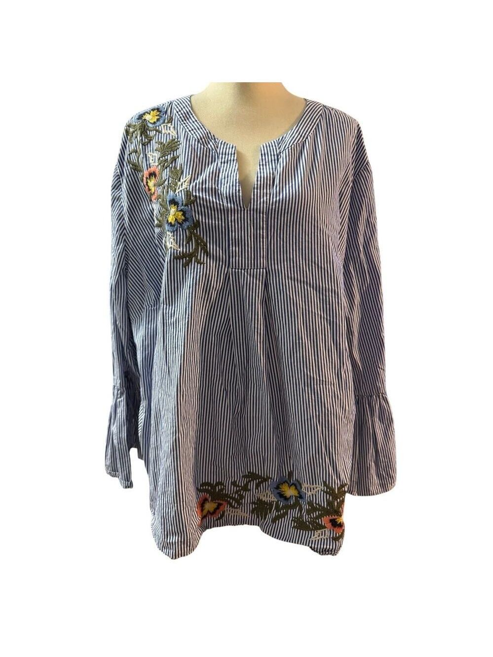 Caslon 100% Cotton Blue & White Striped Embroidered Tunic Blouse Size 3X Boho